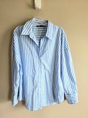 Zara 100% Cotton Blue White Stripes Shirt Blouse Button Down Casual Comfy L